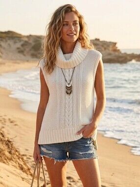 Wooden Ships Women's Neutral Boho Beach Cream Knit Sweater Vest Size M